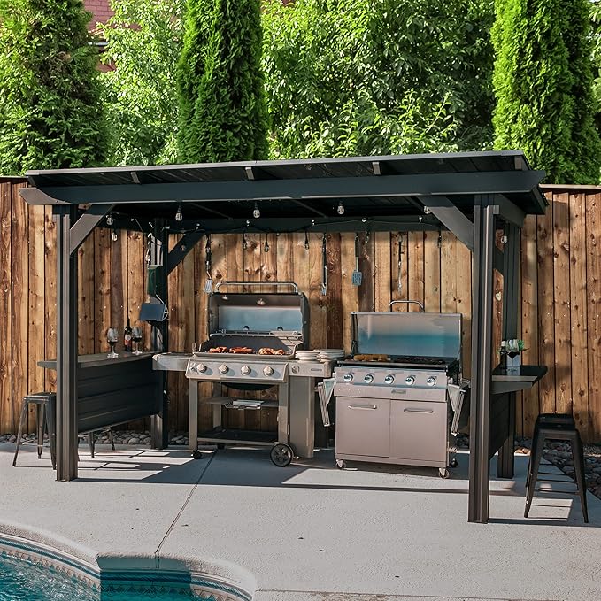 Backyard Discovery Rockport XL 12' x 6' Galvanized Steel BBQ Grill Gazebo Pavilion with Hardtop Steel Roof, Bar Tops, Powerport, Snow Support, Wind Resistance, Cook Station for Outdoor Patio or Deck