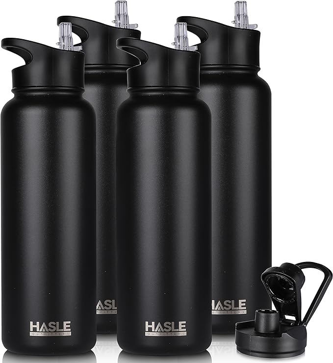 HASLE OUTFITTERS 40oz Stainless Steel Water Bottle, Vacuum Insulated Double Walled Leak Proof Sports Water Bottle with 2 Lids (Straw and Spout Lid) Thermo Mug Keep Cold and Hot(Black,4)