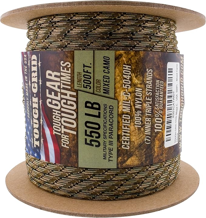 TOUGH-GRID 550 Paracord Rope Nylon Parachute Cord, Made in USA Survival Kit, Outdoor Adventures, Camping, Tactical Gear & Emergency Supplies, Military Type III Mil-Spec