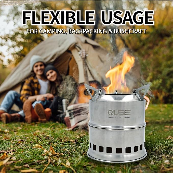 Portable Camping Stove with 3 Fire Starters – Stainless Steel Wood Burning Mini Camp Stove, Foldable with Carry Bag, for Backpacking, Hiking, Traveling, Emergency, Outdoor BBQ, and Picnic
