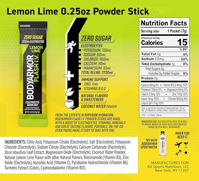 BODYARMOR Flash IV Electrolyte Packets, Strawberry Kiwi, Lemon Lime, & Tropical Punch Variety Pack - Zero Sugar Drink Mix, Single Serve Packs, Coconut Water Powder (15 Count)