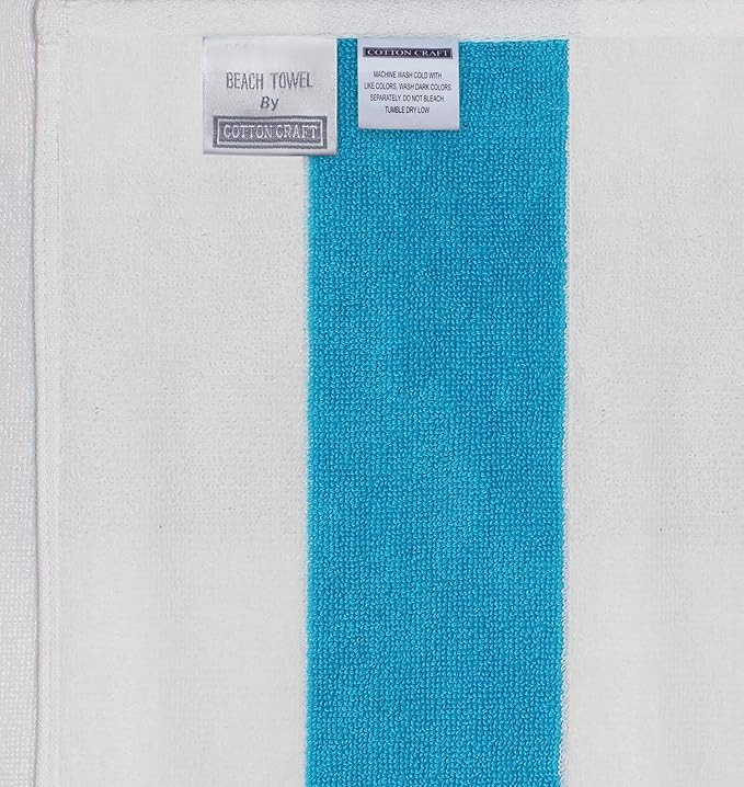 COTTON CRAFT Oversized Beach Towel - 2 Pack 35 x 70 inches XL Beach Towel - 100% Cotton Velour - Big & Huge - Thick Plush 450 GSM Super Soft Luxury Towel - Pool Picnic Bath - Cabana Stripe Aqua