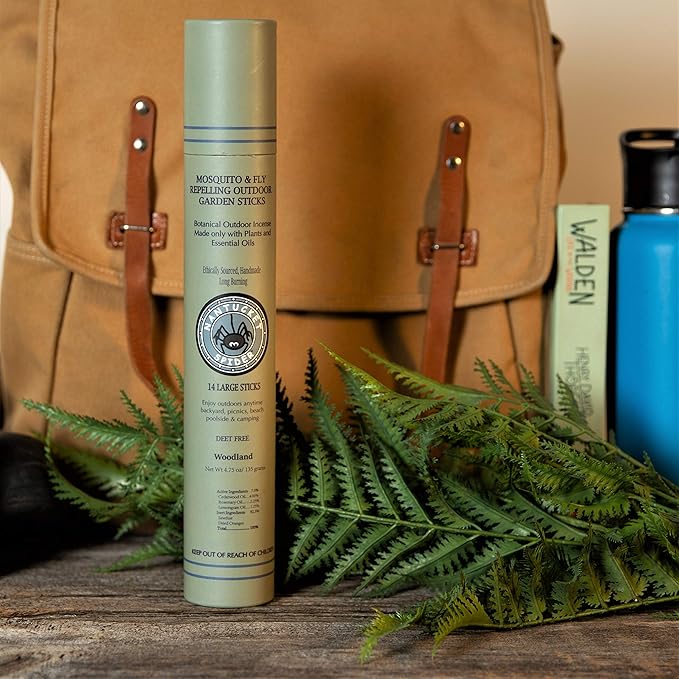 Nantucket Spider Mosquito Repellent Sticks 14 Pack and Holder | Repels Mosquitoes & Flies | Slate Block Holder | Outdoor Garden Natural Essential Oil Incense | Woodland Scent