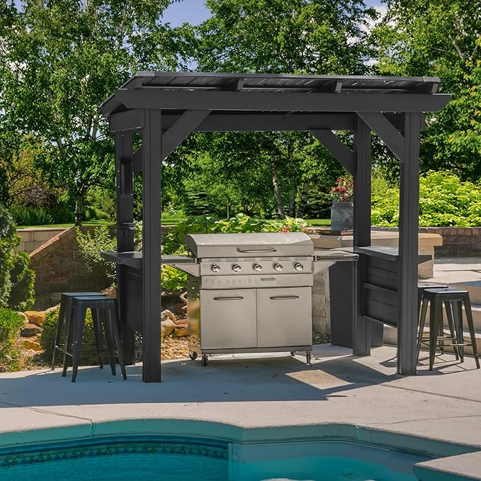Backyard Discovery Rockport 8' x 6' Galvanized Steel BBQ Grill Gazebo Pavilion with Hardtop Steel Roof, Bar Tops, Powerport, Snow Load Support, Wind Resistance, Cook Station for Outdoor Patio or Deck