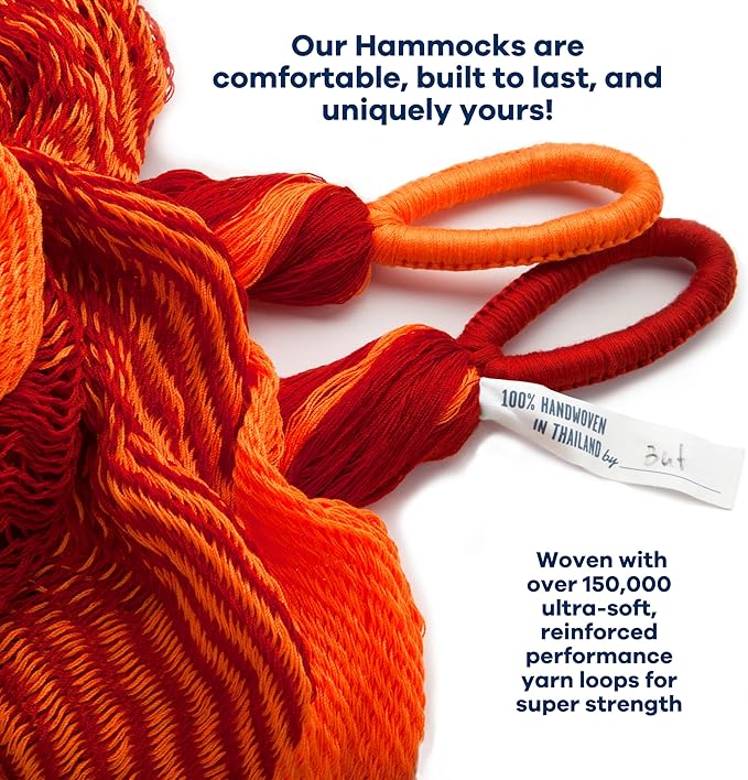 Handwoven Hammock by Yellow Leaf Hammocks - Double Size, Fits 1-2 PPL, 400lb max - Weathersafe, Super Strong, Easy to Hang, Ultra Soft, Artisan Made - Color: Red - Orange