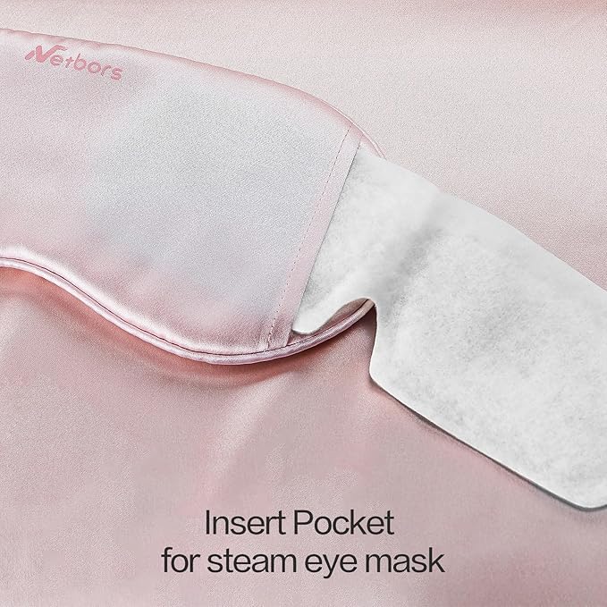 Luxury Silk Sleep Mask with 22mm Mulberry Silk, Velvet Elastic Band, Heat Therapy Pocket, and Travel Pouch, Pink Color