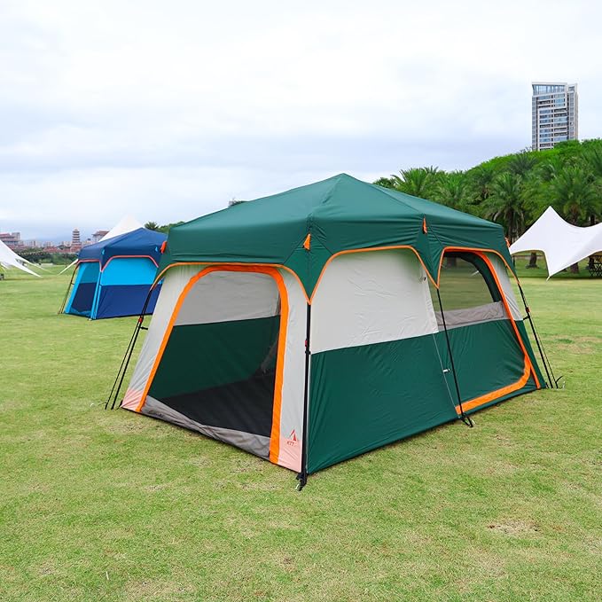 KTT Large Tent 6-12 Person,Family Cabin Tents,Straight Wall,3 Doors and 3 Windows with Mesh,Waterproof,Big Tent for Outdoor,Picnic,Camping,Family,Friends Gathering.