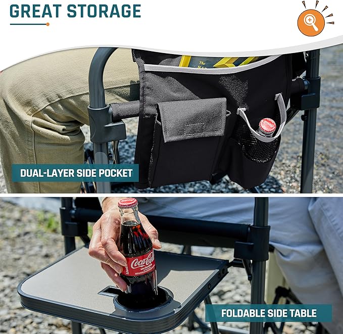 Camping Chairs Directors Chair with Side Table, Mesh Backrest Folding Lawn Chairs with Pocket, Foldable Camp Chair for Outdoor, Picnic, Sports and Fishing, Black