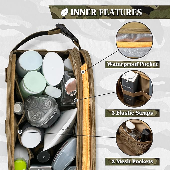PAVILIA Tactical Toiletry Bag for Men, Travel Hygiene Bag, Military Gear Dopp Kit, Water Resist Molle Accessories Pouch, Mens Shaving Essentials, Gym Bathroom Shower Small Toiletries Tool EDC, Tan