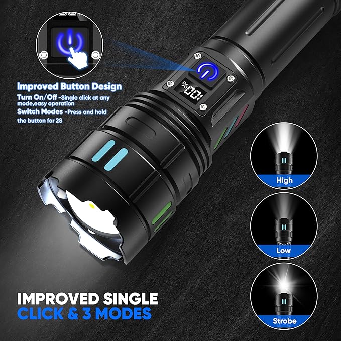 Rechargeable Flashlights High Lumens 10000 Long Distance, Single Click 3 Modes, Super Bright LED Flashlight USB C Long Lasting 15H, Powerful Strong Flash Light for Security Hiking Camping