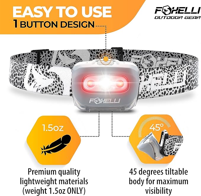 Foxelli LED Headlamp Flashlight for Adults & Kids, Running, Camping, Hiking Head Lamp with White & Red Light, Comfortable Headband, Lightweight & Waterproof, 3 AAA Batteries