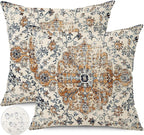Outdoor Waterproof Pillow Set of 2 - 20x20 Inch Bohemian Vintage Carpet Pattern Pillow Covers - Gold Blue Ethnic Design - Decorative for Couch, Garden, Balcony
