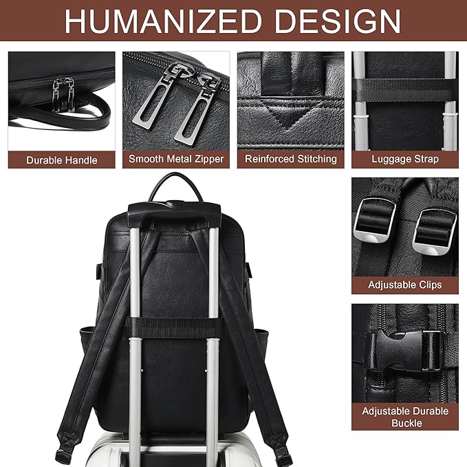 Travel Backpack for Women, Fits 17.0" Notebook, Stylish Lay-Flat Carry-on Vegan Leather Backpack with Luggage Strap for Travel and Daily Use