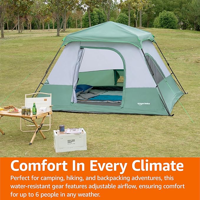 Amazon Basics Instant Camping Tent with Rainfly, Weather-Resistant, Quick Setup