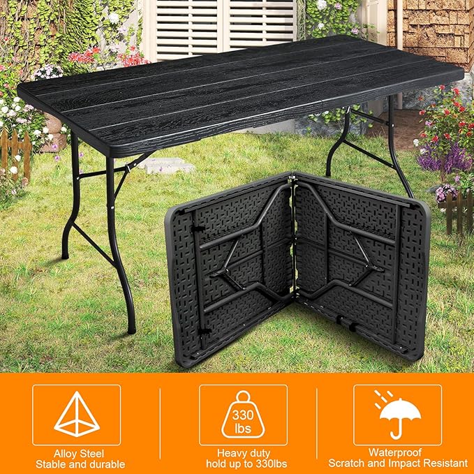 6ft Folding Table, Portable Heavy Duty Plastic Fold-in-Half Utility Table for Indoor/Outdoor Use, Dining, Camping, Picnic, Party, Black Woodgrain