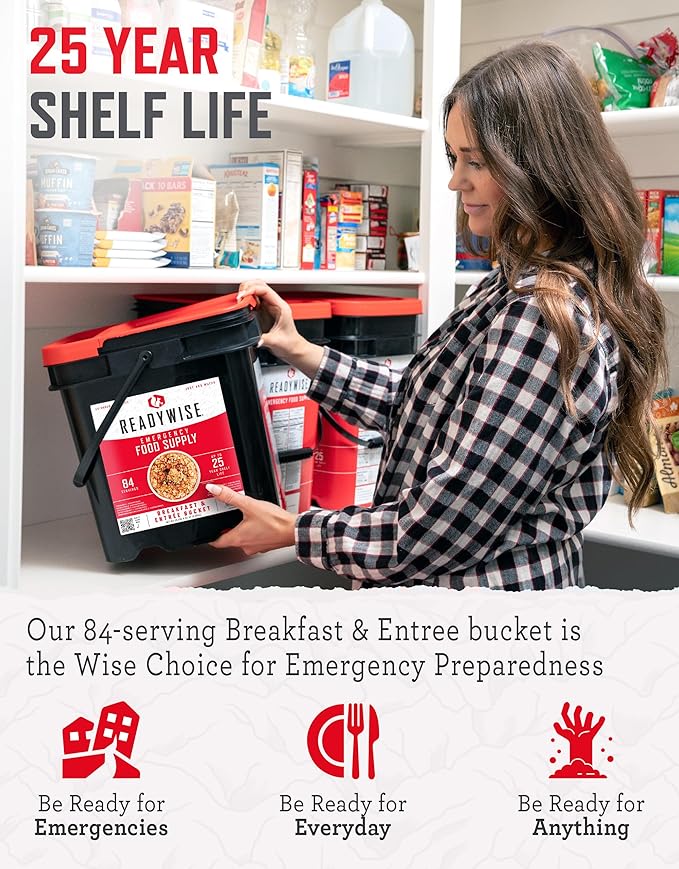 ReadyWise Emergency Food Supply - 84 Servings Breakfast & Entrée Bucket, Protein Meals, Dehydrated & Freeze Dried Food for Backpacking, Camping Essentials & Prepping Supplies, up to 25 Year Shelf Life