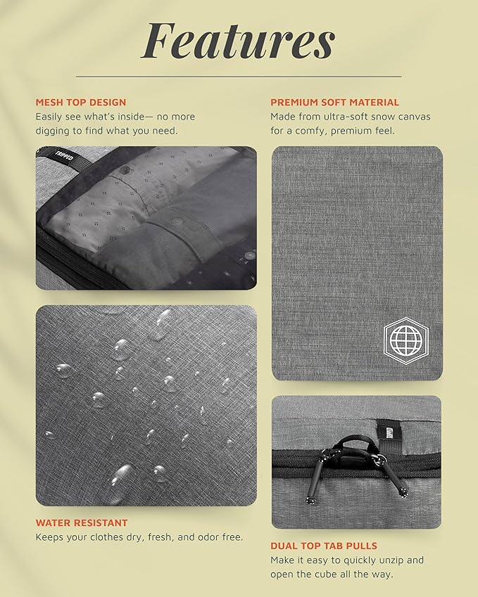 Premium Compression Packing Cubes for Travel, Compression Packaging Cube, Zip Bags Premium 6-Piece Set with laundry bag and shoe bag by TRIPPED Travel Gear (Grey Mesh)