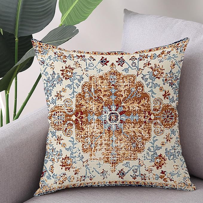 Outdoor Waterproof Pillow Covers - 20x20 Inch Set of 2 Bohemian Vintage Carpet Pattern Pillow Covers in Brown and Blue Ethnic Design for Decorative Farmhouse, Couch, Garden, Balcony