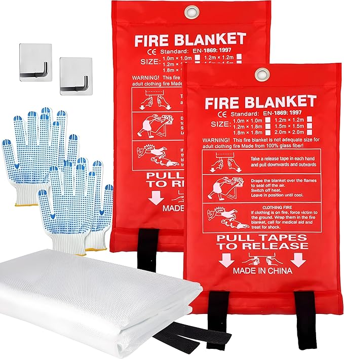 MDH Fire Blanket 40x40 inches Fiberglass w/Gloves Hooks Whistle - Fireproof Safety for Home Kitchen Restaurant House - Fire Suppression Reusable (Fire Blanket 2-Pack)