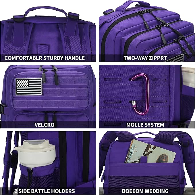 Sparklekle Military Tactical Backpack 45L 3 Day Assault Pack Waterproof Molle Hiking Rucksack for Men&Women (Purple)