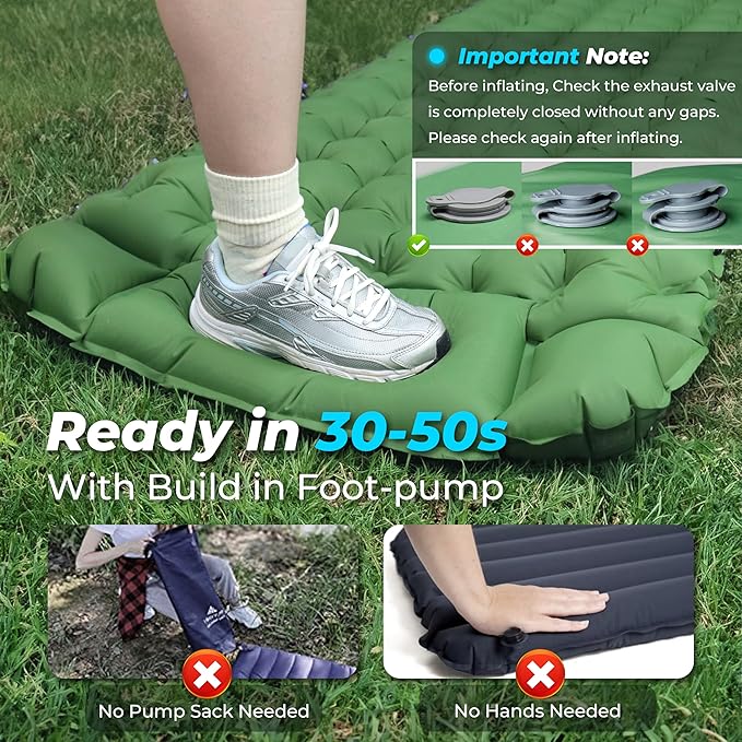 Sleeping Pad for Camping, 4in Thickness Inflatable Sleeping Mat with Adjustable Pillow & Built-in Foot Pump,Lightweight Camping Air Mattress with Waterproof Nylon for Hiking,Traveling-Green