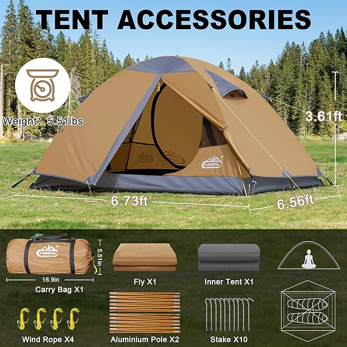 2 Person Backpacking Tent, Waterproof Windproof Two Person Tent, Lightweight Easy Setup 2 Man Tent for Camping Hiking Cycling