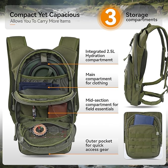 MARCHWAY Tactical Molle Hydration Pack with 2.5L TPU Water Bladder, Compact Yet Spacious Military Backpack for Hiking, Cycling, Backpacking, Hunting, Running
