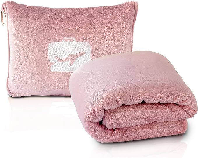 EverSnug Travel Blanket and Pillow Value Pack – Premium Soft & Lightweight | 2 in 1 Compact Blanket for Airplane, Car, Kids and Women | Color Includes Pink & Navy Blue