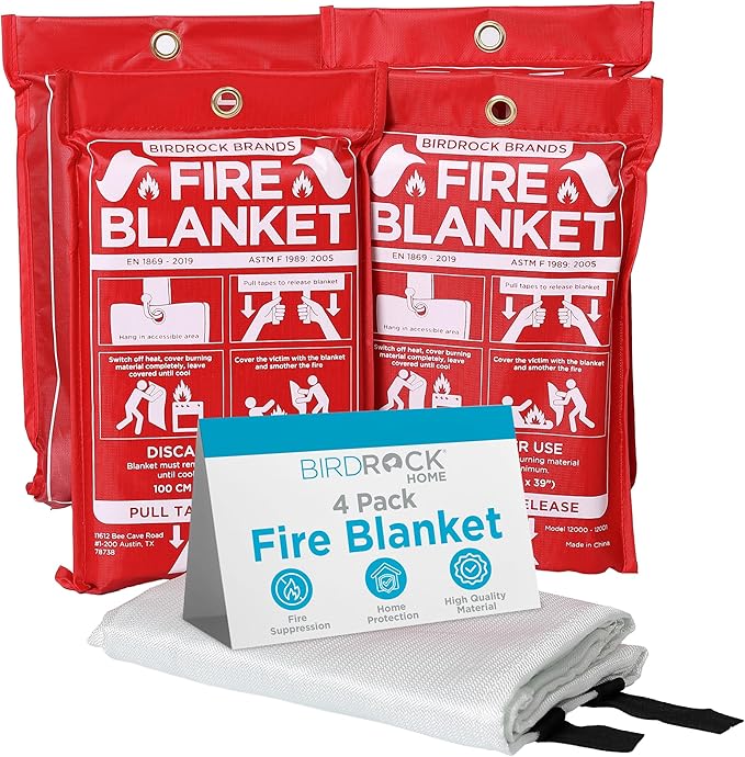 BIRDROCK HOME Fire Blanket for Home and Kitchen | Emergency Supplies for Small Fires | CE Safety Standard Approved | Fiberglass Fire Suppression, Mess-Free | Ideal for Camping Vehicle Kits | 4 Pack