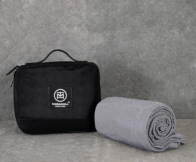 Threadmill Travel Blanket Cotton Viscose derived from Bamboo - Airplane Premium Soft Light Blanket Throw with Black Leather Bag(Grey Color) Compact & Portable Blanket for Travel, Car, Picnic & Camping
