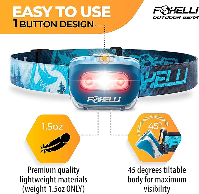 Foxelli LED Headlamp Flashlight for Adults & Kids, Running, Camping, Hiking Head Lamp with White & Red Light, Comfortable Headband, Lightweight & Waterproof, 3 AAA Batteries