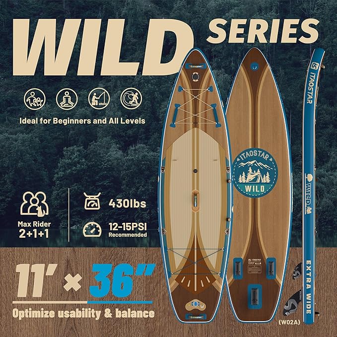 Wild 11'×36"/11'6"×34"/12'6"×33" Inflatable Paddle Board with Seat, One-Stop Premium SUP Board Gears, Tailored 5 Fins, Stable Inflatable Stand Up Paddle Boards for Youth/Adults of All Levels