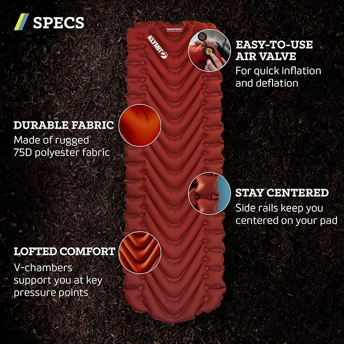 KLYMIT Insulated Static V Inflatable Sleeping Pad | Comfortable, Lightweight, Easy to Inflate, Portable Air Bed Mattress for Camping, Backpacking and Hiking — Red
