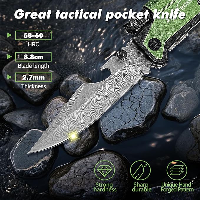 ALBATROSS 7-in-1 Damascus Folding Knife - Glass Breaker/Seatbelt Cutter/Flashlight/Fire Starter, Military Rescue Tool with Carrying Bag - FK01-DA-GN (Green)