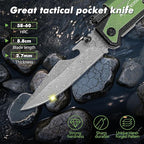 ALBATROSS 7-in-1 Damascus Folding Knife - Glass Breaker/Seatbelt Cutter/Flashlight/Fire Starter, Military Rescue Tool with Carrying Bag - FK01-DA-GN (Green)