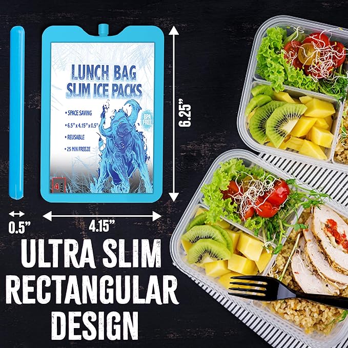 Kona Ice Packs for Lunch Boxes - No Ice Bags Required - Reusable Long Lasting Cooler Ice Packs (-5C) Small Thin Freezer Packs - Freezes in 25 Minutes (Set of 4)