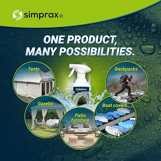 simprax® Tent Waterproofing Spray - Certified Eco-Friendly, UV-Stable & Biodegradable Waterproof Spray | Made in Germany | Waterproofing Spray Enhances Water-Repellency for Tent & Technical Textiles