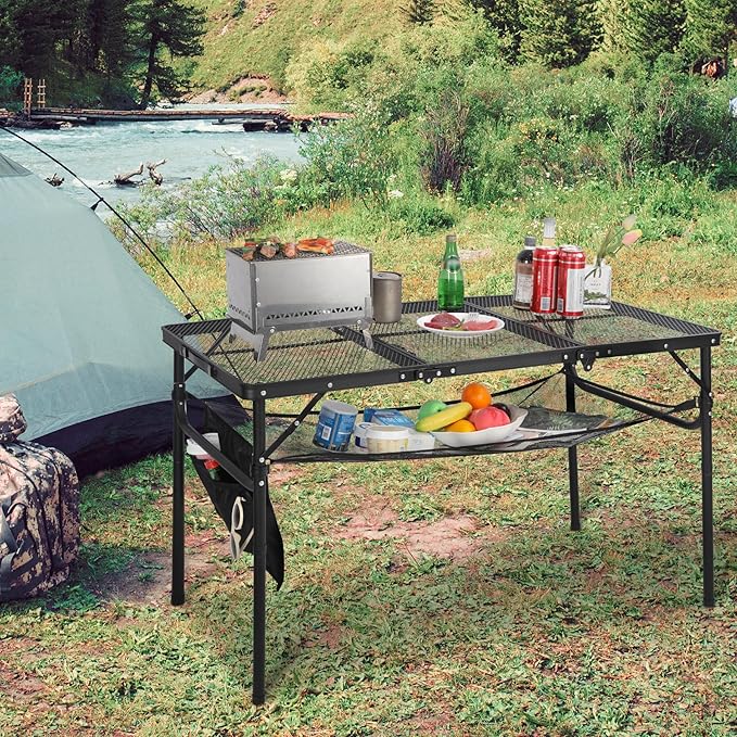 REDCAMP 48x24 Long Folding Grill Table for Outside, Lightweight Portable Double Layer Metal Aluminum Outdoor Grill Table with Adjustable Height Legs, Great for Camping Picnic Cooking BBQ, Black 4ft
