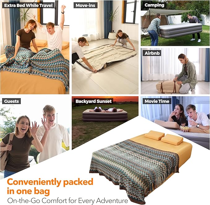 Luxury Air Mattress Set Queen air Bed with Built-in Rechargeable Detachable Pump, 661 lbs Strong Support Wireless Inflatable Mattress, Luxury Double Airbed Adjustable Blow Up Mattress