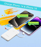 miisso 6000mah Ultra Slim Built in Cables Power Bank, Card Size Built in USB C Cords Battery Pack Portable Charger for Phones, 3 Output External Battery Pack Compatible with iPhone, Snow White