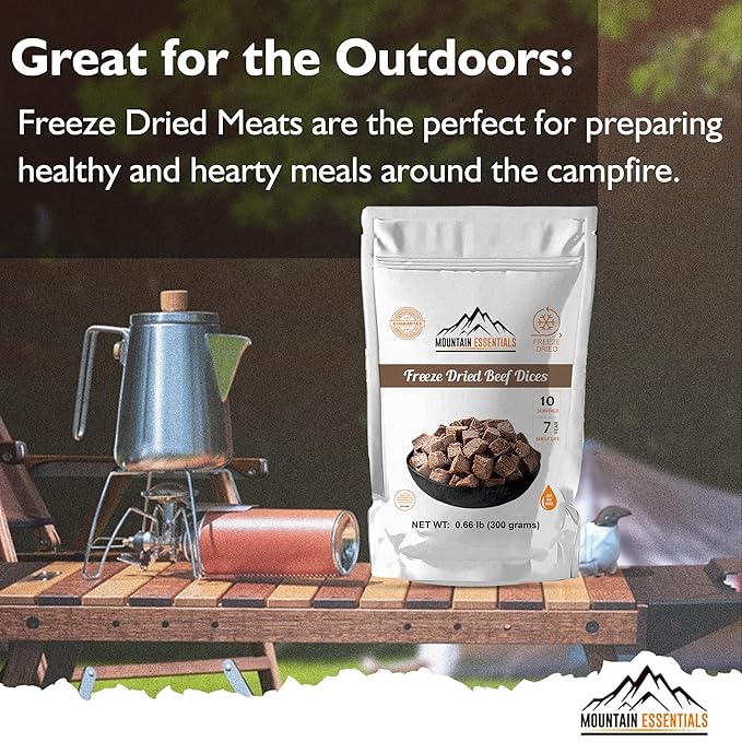 MOUNTAIN ESSENTIALS Freeze-Dried Diced Beef – Fully Cooked Meat | Pre-Cooked | 240g High Protein Intake | 10 Servings | Ready-to-Eat Meal Prep | Pantry Staples, Daily Meals, Emergency Survival, Camping Food | 7-Year Shelf Life | Made in USA