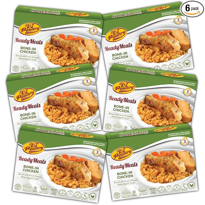 KJ Poultry Kosher Ready Meals - Bone In Chicken & Kugel, MRE Meat Meals Ready to Eat, Shabbos Food, Halal, (6 Pack) Prepared Entree Fully Cooked, Shelf Stable Microwave Dinner Travel Military Camping
