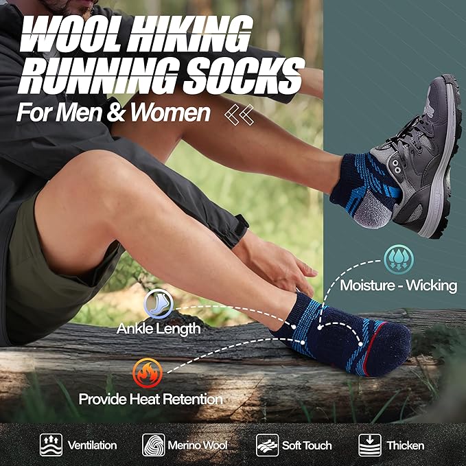ANTSANG 6 Pairs Merino Wool Ankle Hiking Running Socks Compression Thick Cushion Breathable No Show Socks for Men Women