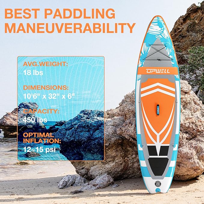 UPWELL 10'6"/11'/11'6" Inflatable Paddle Board, Stand Up Paddlboard for Youth & Adults, Stable Design, Premium SUP Accessories, Backpack, Leash, Hand Pump, Fins