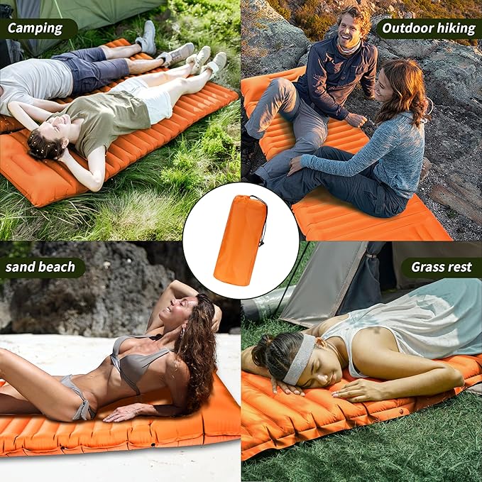 40D Self-Inflating Camping Pad, Insulated Ultralight Sleeping Mat for Backpacking, Winter Camping, 2-Layer Anti-Leak Design w/Built-in Pillow, Foot Pump Foldable Pad, Orange Red