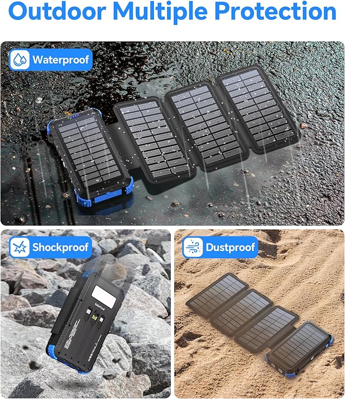 Solar Power Bank 45800mAh with 4 Panels, Portable Solar Charger with Build-in 3 Cables for iPhone, USB C in/Output 15W Fast Charging External Battery Pack with Flashlight & Camping Light