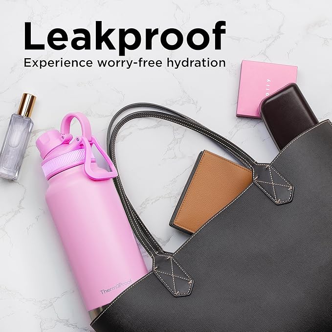 ThermoProof Double-Walled Vacuum Insulated Stainless Steel Water Bottle - Wide Mouth Canteen, Spout & Straw Lids, Dishwasher Safe, Reusable, Leakproof, Hot & Cold for Men, Women & Kids - 32oz, Pink