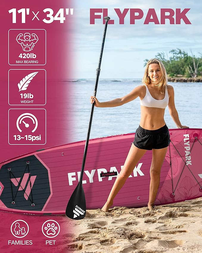 Flypark 11'x34 Inflatable Paddle Boards, Extra Wide SUP for 420lbs/3Adults, Yoga Stand Up Paddle Board, 110L Backpack, 15 D-Rings, Shoulder Strap, US-Fin, 2-Action Pump