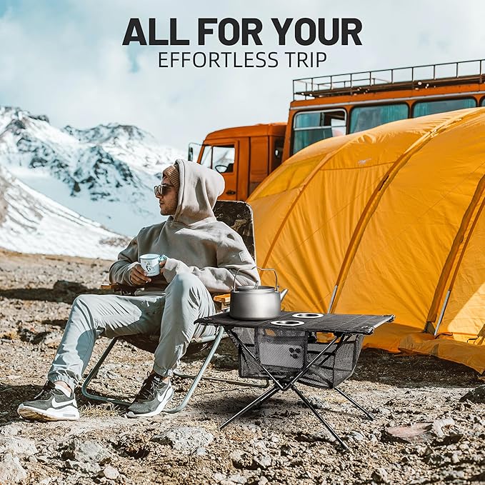 ZUNE LOTOO Portable Camping Table Folding, Small Beach Table Foldable with Drink Holder & Mesh Storage & Carry Bag Compact Camp Tent Side Table for Picnic Tailgate Travel Outdoor Fishing Backpacking