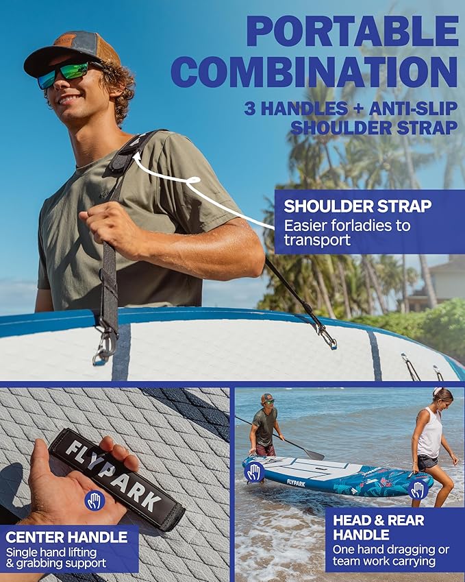 Flypark 11'x34 Inflatable Paddle Boards, Extra Wide SUP for 420lbs/3Adults, Yoga Stand Up Paddle Board, 110L Backpack, 15 D-Rings, Shoulder Strap, US-Fin, 2-Action Pump
